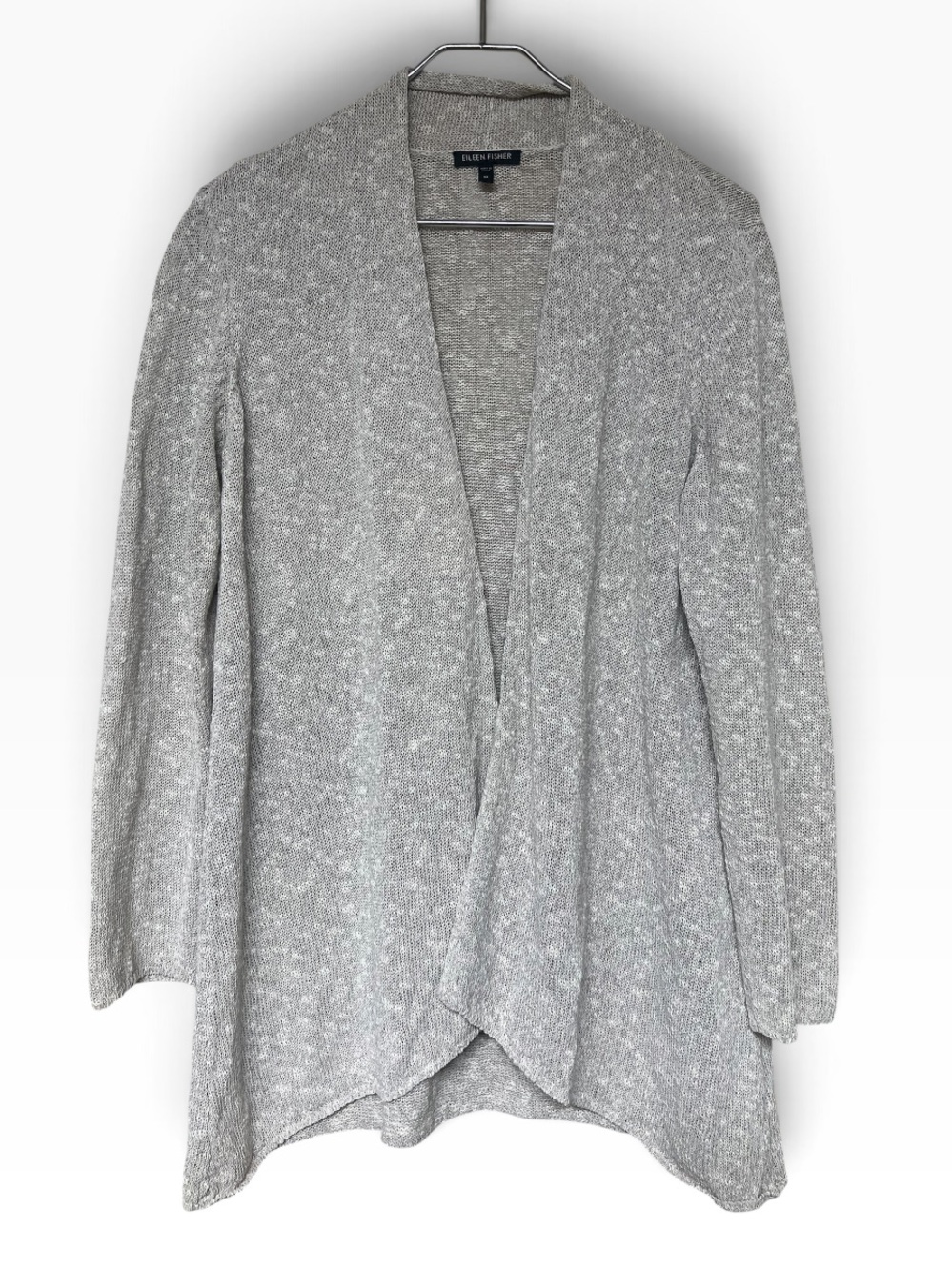 Eileen Fisher gray silver open front linen blend long sleeve sweater minimalist